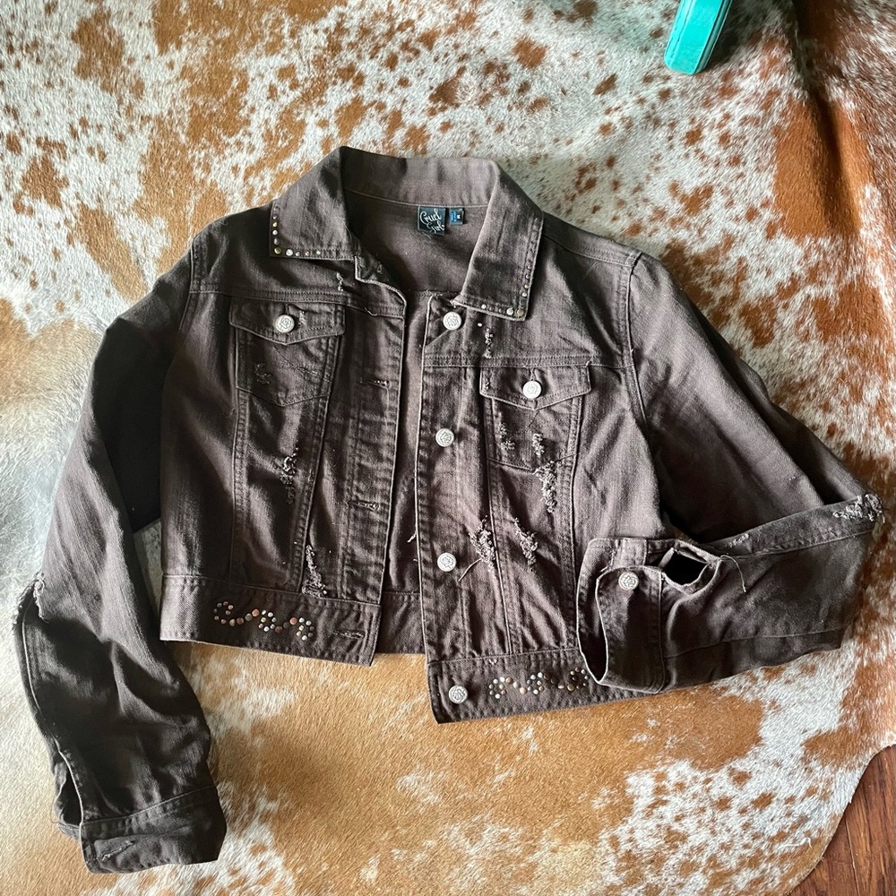 Cruel Girl cropped distressed and studded denim jacket